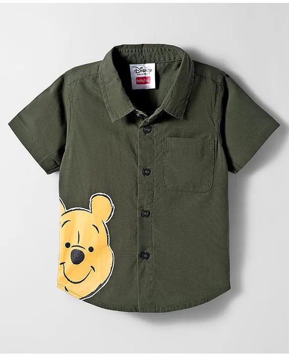 Babyhug Disney Poplin Woven Half Sleeves Printed Shirt with Winnie the Pooh Graphic -Olive Green